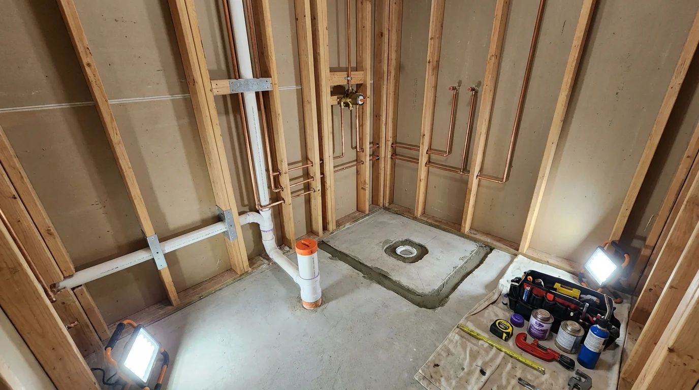 Bathroom rough-in plumbing during remodel by Johns Plumbing LLC in Stony Point