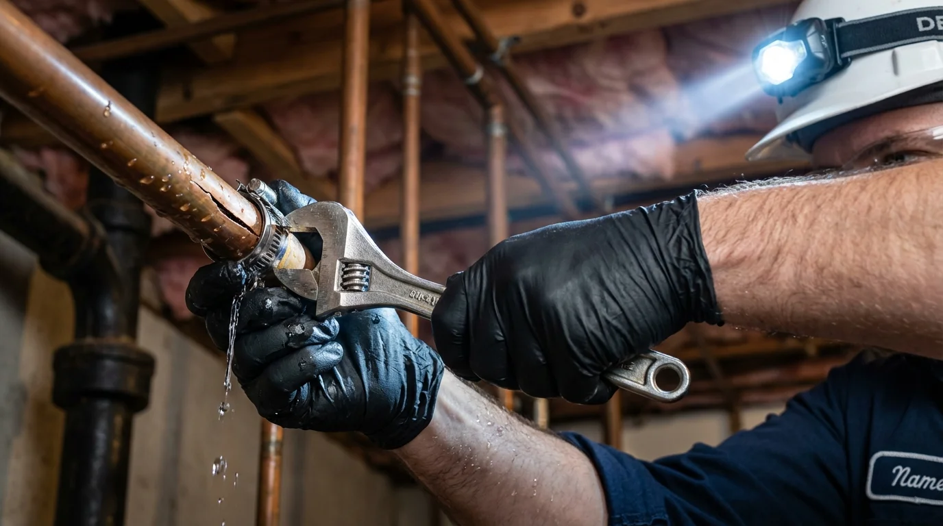 Emergency pipe clamp repair being performed by a Johns Plumbing LLC plumber in Stony Point