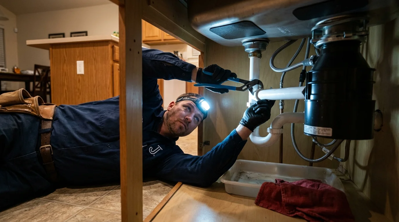 P-trap and supply line connections under a kitchen sink showing a common leak point in Stony Point, NY